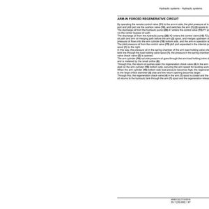 May include: A white page with the title "ARM-IN FORCED REGENERATIVE CIRCUIT" and detailed text describing hydraulic systems. The text is in black font and includes diagrams and technical terms.