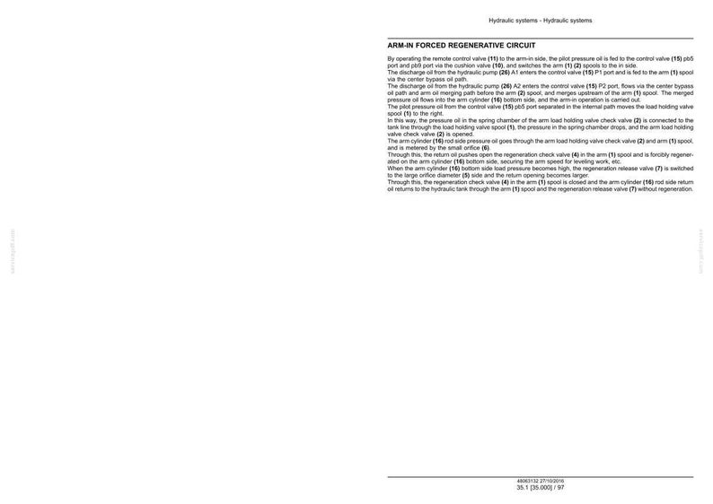 May include: A white page with the title "ARM-IN FORCED REGENERATIVE CIRCUIT" and detailed text describing hydraulic systems. The text is in black font and includes diagrams and technical terms.
