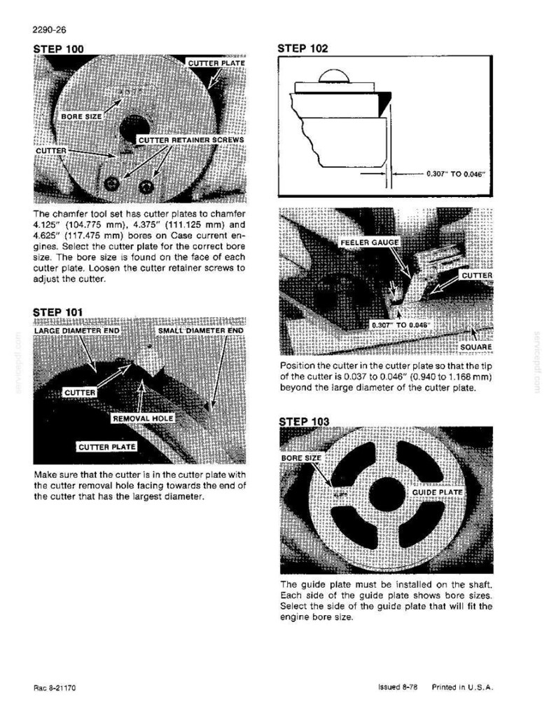 May include: Diagram of a chamfer tool set with cutter plates, detailing bore sizes and cutter components. Includes measurements in inches and millimeters, with labels for cutter retainer screws and a guide plate. Instructions are provided.