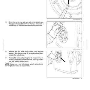 Pu&ograve; includere: Diagramma da un manuale che mostra i passaggi per la manutenzione della trasmissione. Include illustrazioni ravvicinate di componenti meccanici, frecce che indicano le azioni e istruzioni testuali. Le immagini sono in bianco e nero.