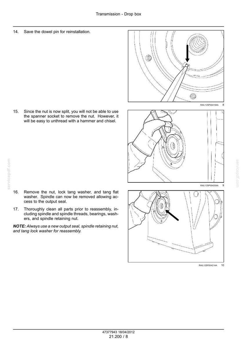 Pu&ograve; includere: Diagramma da un manuale che mostra i passaggi per la manutenzione della trasmissione. Include illustrazioni ravvicinate di componenti meccanici, frecce che indicano le azioni e istruzioni testuali. Le immagini sono in bianco e nero.