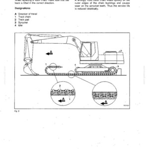 May include: Technical handbook page for FX 350. The diagram shows an excavator with labeled parts: track chain, track pad, sprocket, and idler. The text explains the direction of travel for the track chain.
