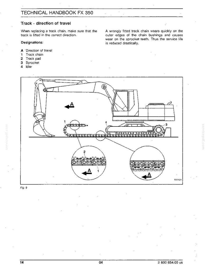 May include: Technical handbook page for FX 350. The diagram shows an excavator with labeled parts: track chain, track pad, sprocket, and idler. The text explains the direction of travel for the track chain.