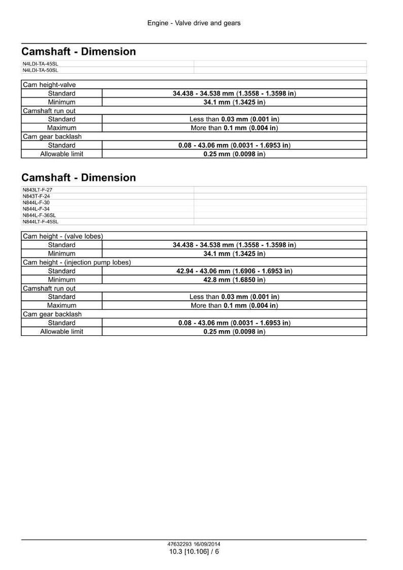 May include: Technical diagram detailing camshaft dimensions for engine valve drive and gears. Includes measurements for cam height, run out, and gear backlash in inches and millimeters. The document is dated September 16, 2014.