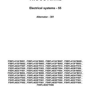 May include: A white background features the black CNH INDUSTRIAL logo, the text "Electrical systems - 55", and "Alternator - 301". Below, a list of product codes is displayed.