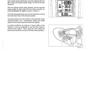 Pu&ograve; includere: Una pagina di manuale tecnico intitolata 6-WORKING OPERATIONS che descrive la modalit&agrave; automatica di un trattore. Include un display digitale che mostra 850 r/min, impostazioni di velocit&agrave; F3 50.0, F2 30.0, F1 20.0, 0.00 km/h e una leva con interruttori 1 e 2.