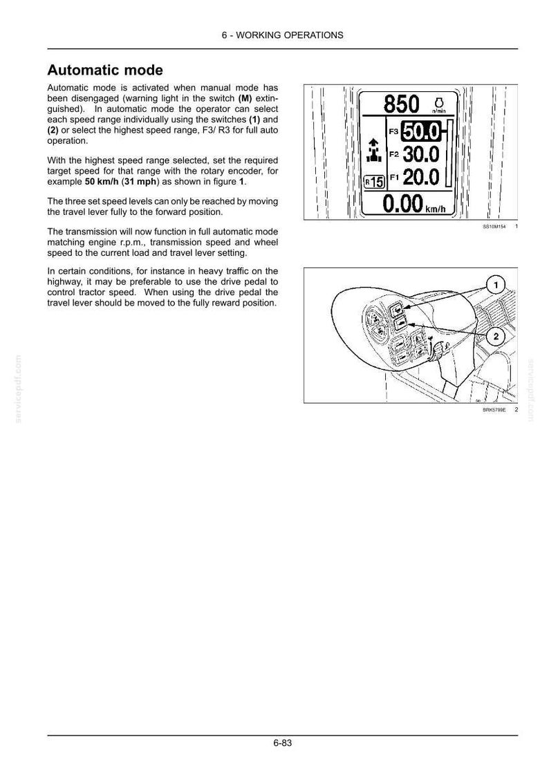 Pu&ograve; includere: Una pagina di manuale tecnico intitolata 6-WORKING OPERATIONS che descrive la modalit&agrave; automatica di un trattore. Include un display digitale che mostra 850 r/min, impostazioni di velocit&agrave; F3 50.0, F2 30.0, F1 20.0, 0.00 km/h e una leva con interruttori 1 e 2.