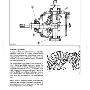 May include: A technical diagram showing a gearbox cross-section with labels A, B, C, and D, alongside text detailing backlash adjustment procedures using shims of 0.012", 0.016", and 0.020" thickness, plus a secondary view of internal gear teeth.