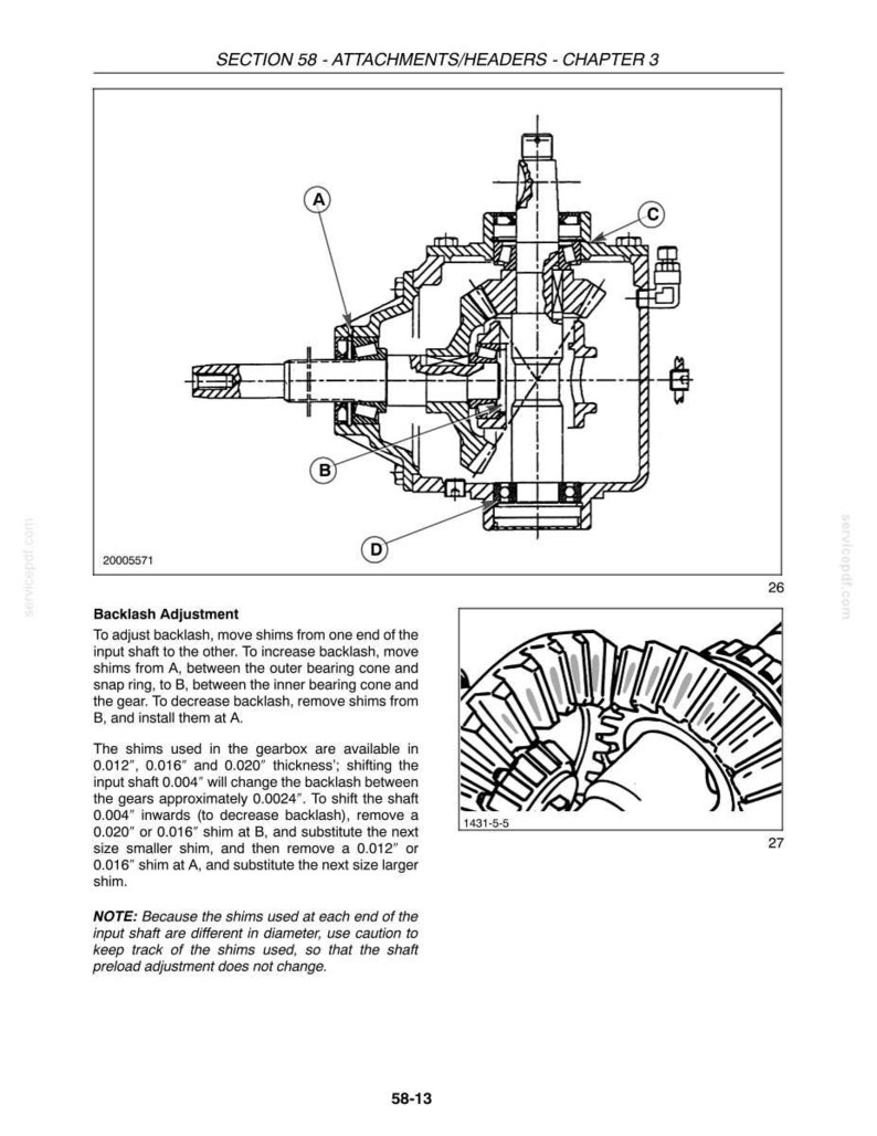 May include: A technical diagram showing a gearbox cross-section with labels A, B, C, and D, alongside text detailing backlash adjustment procedures using shims of 0.012", 0.016", and 0.020" thickness, plus a secondary view of internal gear teeth.