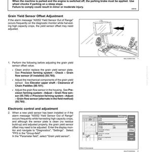 May include: Diagram of a precision farming system with instructions for adjusting the grain yield sensor offset value. Includes a caution about unexpected machine movement and a screenshot of the settings menu.