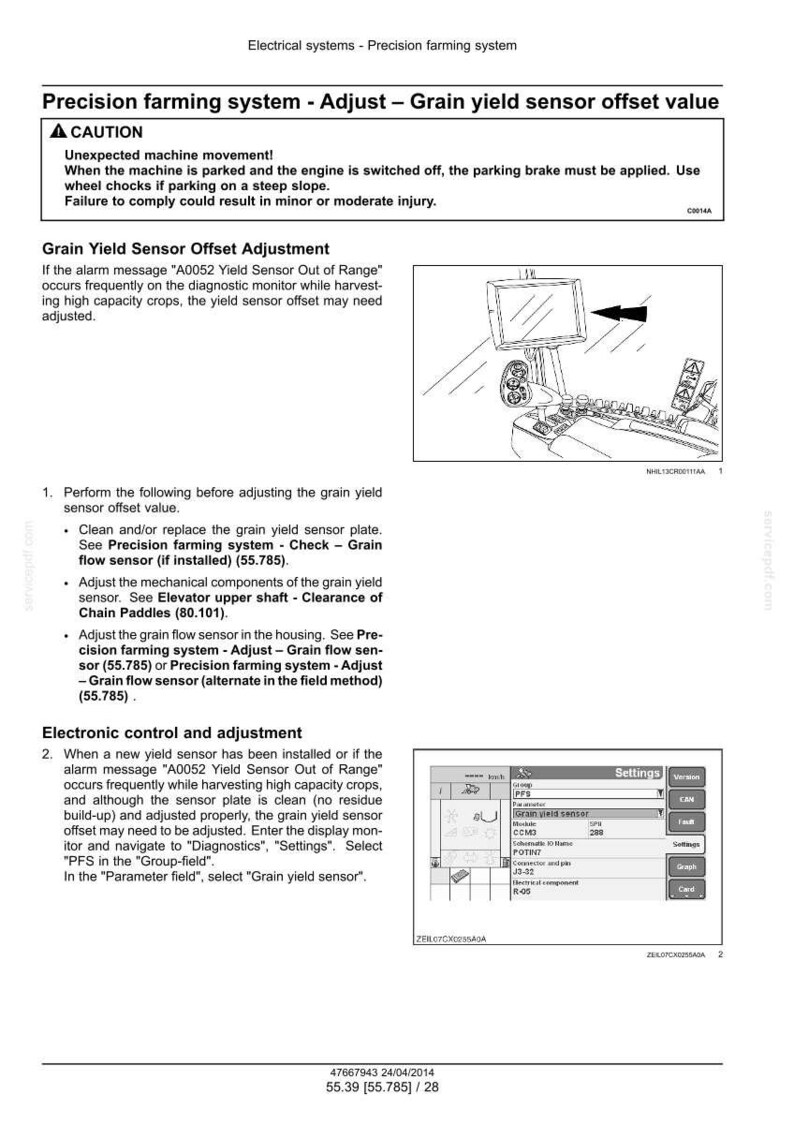 May include: Diagram of a precision farming system with instructions for adjusting the grain yield sensor offset value. Includes a caution about unexpected machine movement and a screenshot of the settings menu.