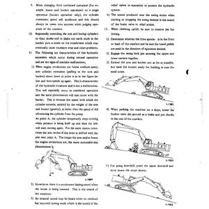 K&ouml;nnte beinhalten: Eine Seite aus einem technischen Handbuch mit schwarz-wei&szlig;en Strichzeichnungen eines Hydraulikbaggers an einem Hang. Der Text enth&auml;lt Bedienungsanleitungen f&uuml;r Arm- und L&ouml;ffelbewegungen, das Befahren von Steigungen und das Parken, gekennzeichnet mit den Abbildungen L-1561, L-1035, L-1564 und L-1562.