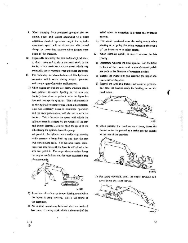 K&ouml;nnte beinhalten: Eine Seite aus einem technischen Handbuch mit schwarz-wei&szlig;en Strichzeichnungen eines Hydraulikbaggers an einem Hang. Der Text enth&auml;lt Bedienungsanleitungen f&uuml;r Arm- und L&ouml;ffelbewegungen, das Befahren von Steigungen und das Parken, gekennzeichnet mit den Abbildungen L-1561, L-1035, L-1564 und L-1562.