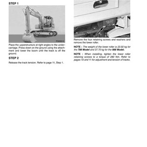 May include: A technical diagram with instructions for removing and installing a lower roller. The diagram includes images of heavy machinery and text detailing the steps, including screw removal and weight specifications in kilograms.