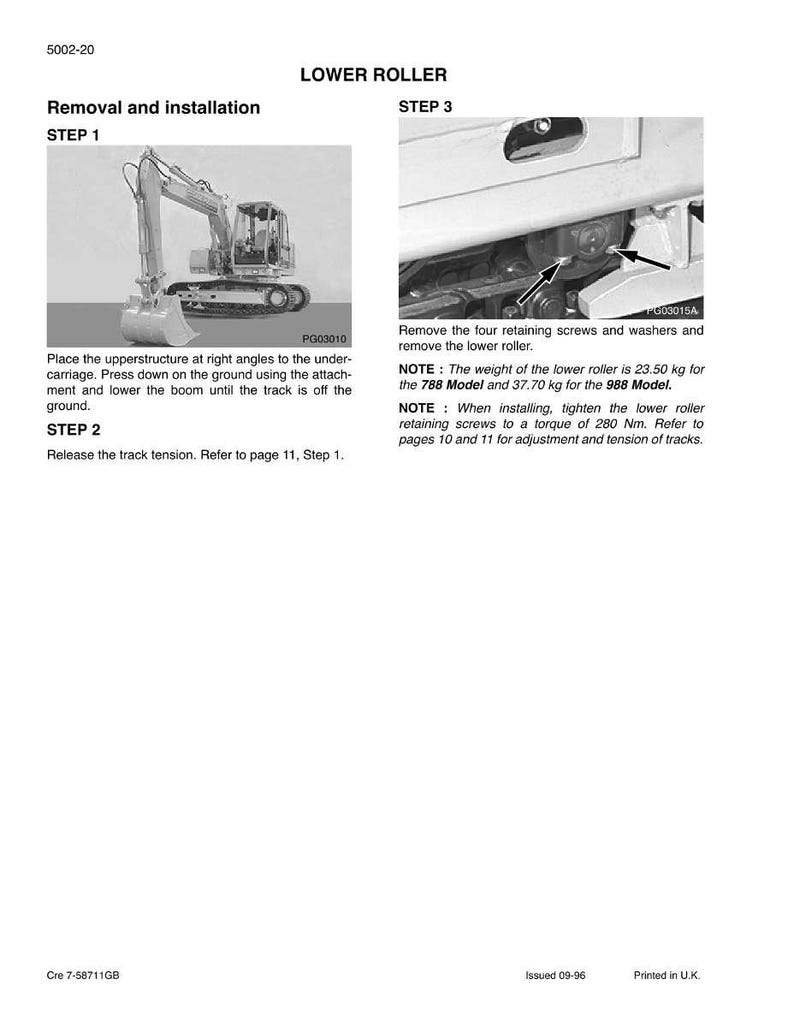 May include: A technical diagram with instructions for removing and installing a lower roller. The diagram includes images of heavy machinery and text detailing the steps, including screw removal and weight specifications in kilograms.