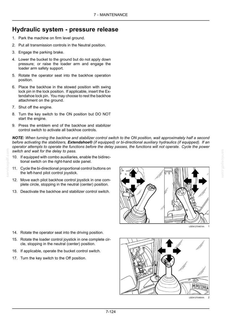 May include: Page from a maintenance manual detailing hydraulic system pressure release procedures. Includes numbered steps, diagrams of control levers, and text instructions for operating heavy machinery. The page is white with black text.