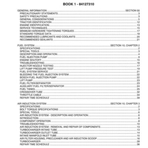 May include: A detailed table of contents from a tractor repair manual, titled "TV6070 MASTER TABLE OF CONTENTS." The document lists various sections, including fuel system, air induction system, and engine repair information.