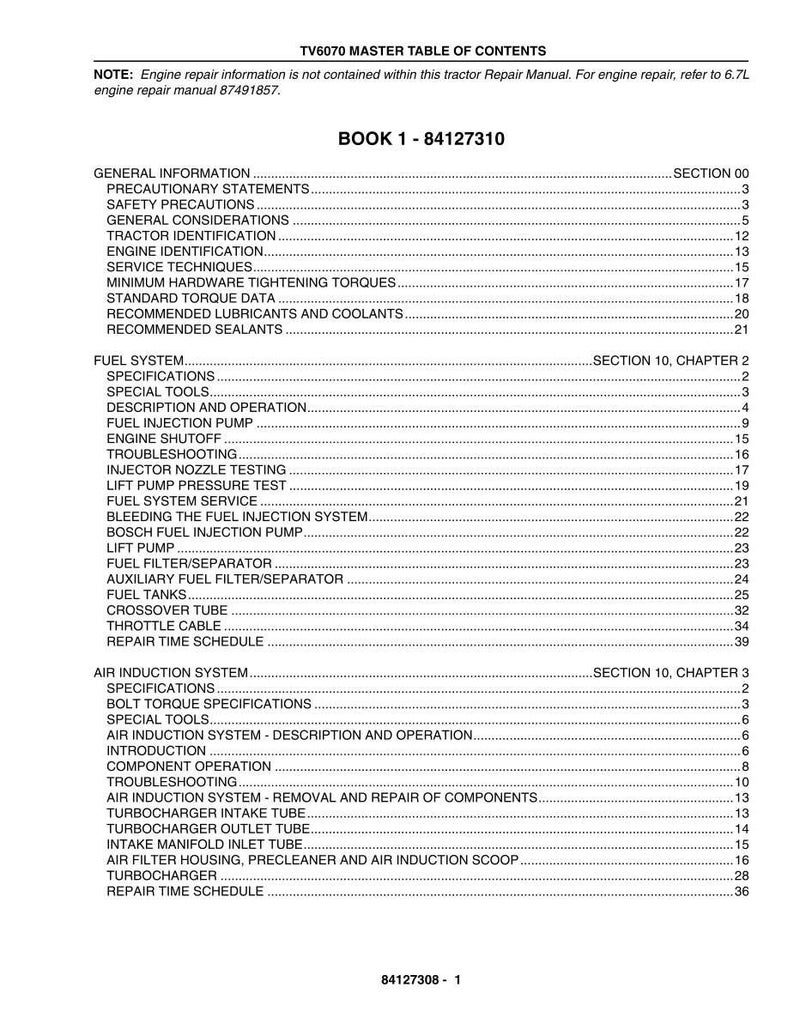 May include: A detailed table of contents from a tractor repair manual, titled "TV6070 MASTER TABLE OF CONTENTS." The document lists various sections, including fuel system, air induction system, and engine repair information.