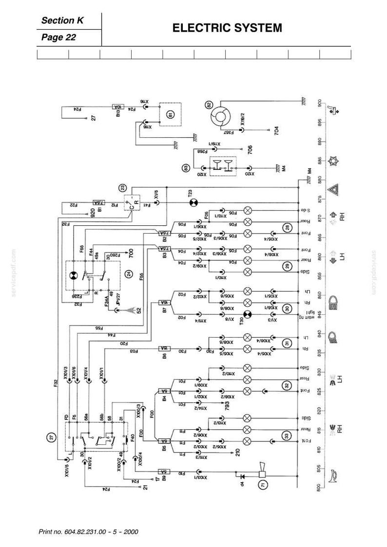 May include: Diagram of an electric system, featuring a detailed schematic with various symbols, lines, and labels. The diagram includes text such as "ELECTRIC SYSTEM" and "Page 22". The print number is 604.82.231.00 - 5 - 2000.