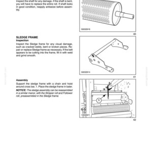 May include: Diagram of machinery parts, including a perforated roller, a bent metal frame, and an assembly diagram. Text includes "PIVOT ROLL (RIGHT SIDE)" and "SLEDGE FRAME".