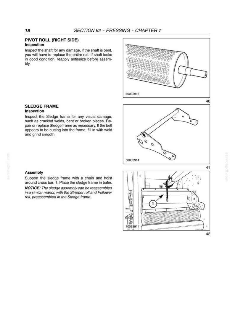 May include: Diagram of machinery parts, including a perforated roller, a bent metal frame, and an assembly diagram. Text includes "PIVOT ROLL (RIGHT SIDE)" and "SLEDGE FRAME".