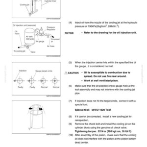 May include: Diagram of engine mechanical components with text instructions. Includes illustrations of an oil injection unit, gauge, and special tools. Text includes torque specifications and safety warnings.