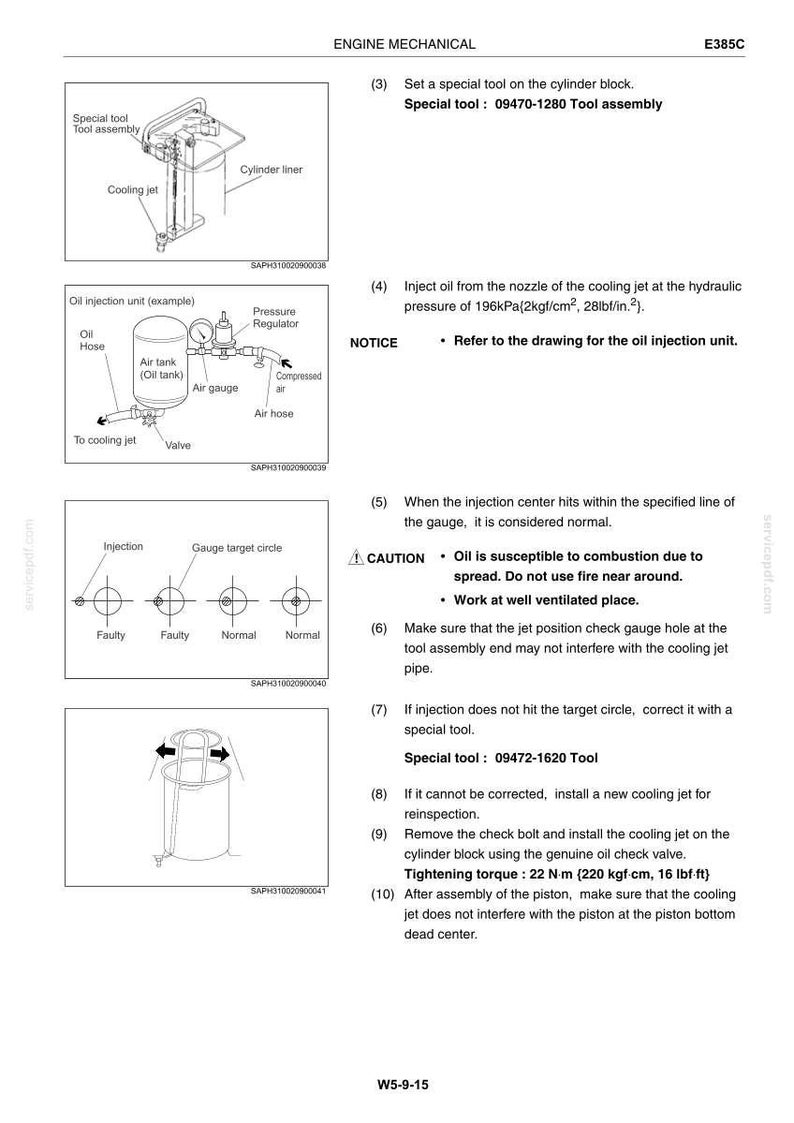 May include: Diagram of engine mechanical components with text instructions. Includes illustrations of an oil injection unit, gauge, and special tools. Text includes torque specifications and safety warnings.