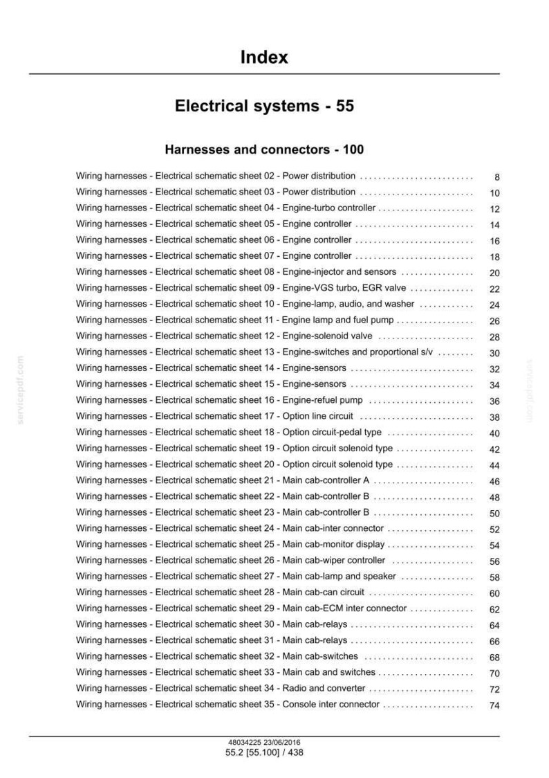 May include: Index page for electrical systems, listing wiring harnesses and connectors. Includes schematic sheets for power distribution, engine controllers, sensors, and various other components. Text is black on a white background.