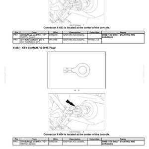 May include: Diagram of electrical connectors and wiring, including a key switch plug and connector X-053. The image includes tables with pin, wire, and description details. Text includes "Electrical systems - Harnesses and connectors."
