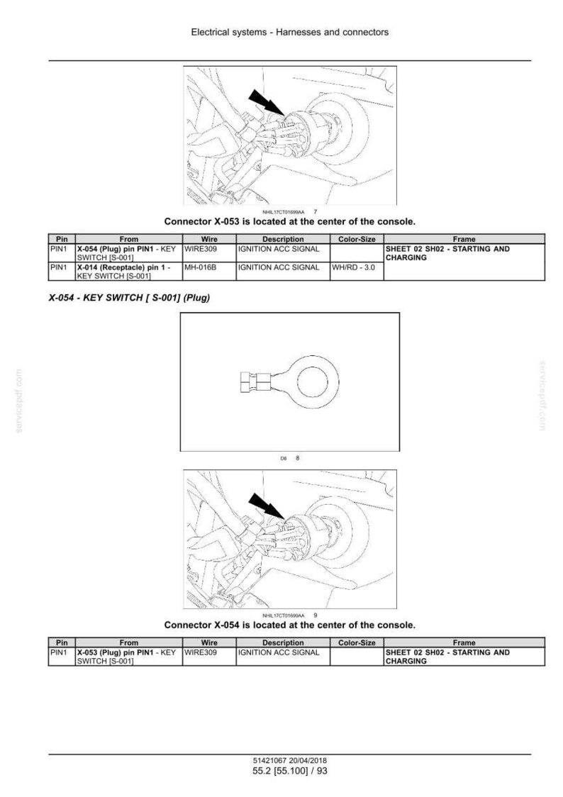 May include: Diagram of electrical connectors and wiring, including a key switch plug and connector X-053. The image includes tables with pin, wire, and description details. Text includes "Electrical systems - Harnesses and connectors."