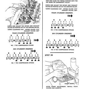May include: Black and white diagram illustrating engine maintenance steps. Text includes instructions for adjusting intake and exhaust valves, with diagrams for four and six-cylinder engines. Measurements are in inches.