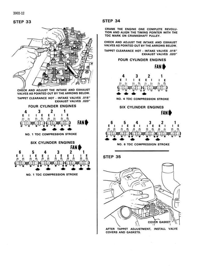 May include: Black and white diagram illustrating engine maintenance steps. Text includes instructions for adjusting intake and exhaust valves, with diagrams for four and six-cylinder engines. Measurements are in inches.