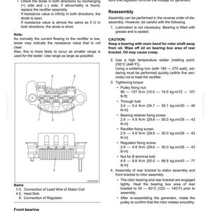 May include: Technical diagram of a 1D-12 4LE2 electrical system, featuring a rectifier assembly and regulator. The image includes detailed instructions for reassembly, tightening torque specifications, and bench testing procedures. The diagram is in black and white.