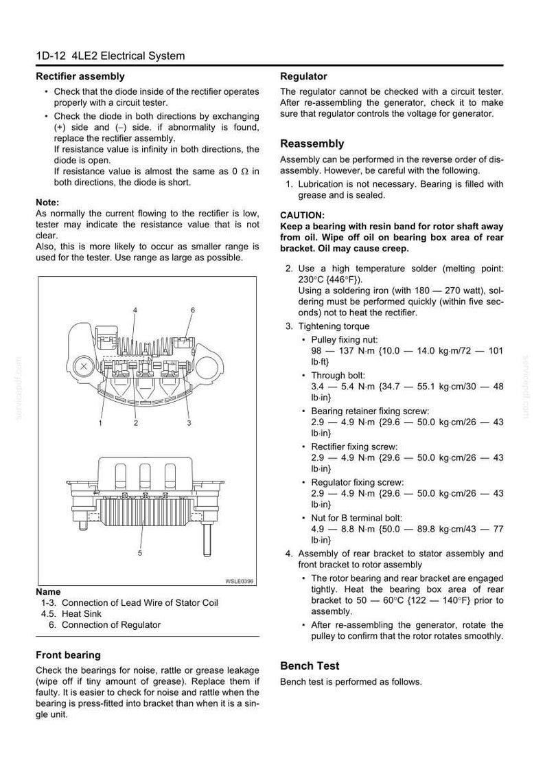 May include: Technical diagram of a 1D-12 4LE2 electrical system, featuring a rectifier assembly and regulator. The image includes detailed instructions for reassembly, tightening torque specifications, and bench testing procedures. The diagram is in black and white.