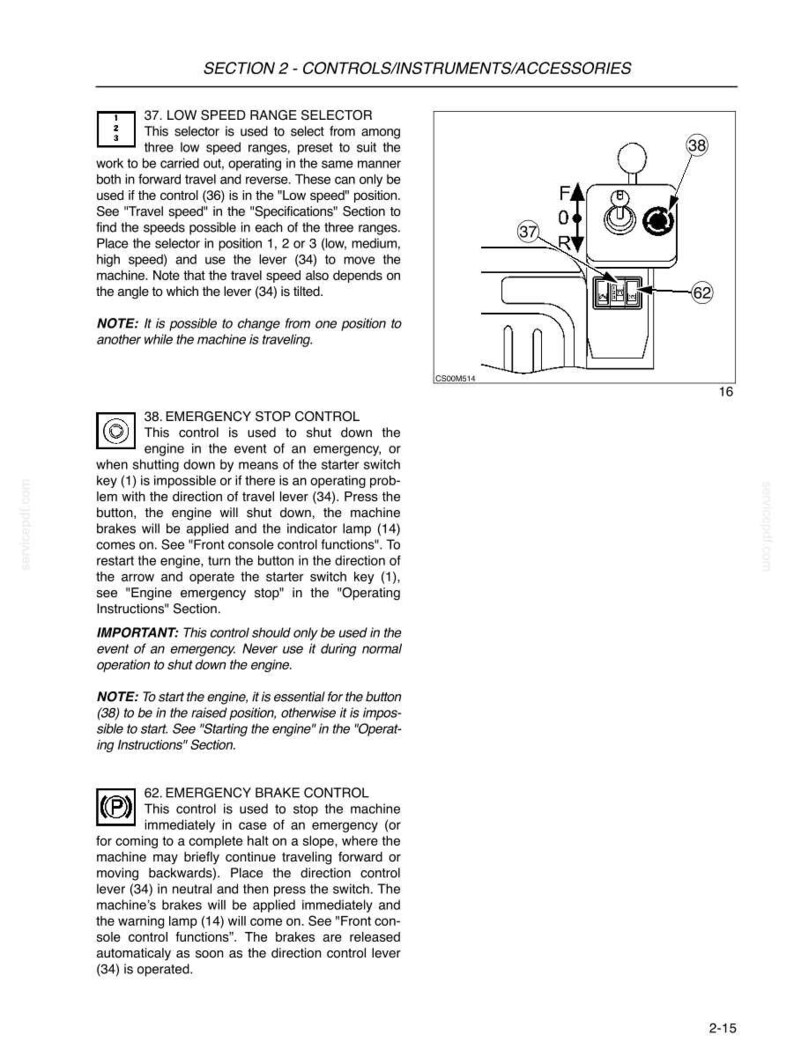 May include: A technical diagram from a manual labeled SECTION 2 - CONTROLS/INSTRUMENTS/ACCESSORIES. It features a line drawing of a control panel with numbered components 37, 38, and 62, alongside detailed text instructions for each control.