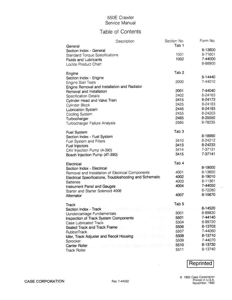 May include: A service manual for the 550E Crawler, featuring a table of contents with sections on the engine, fuel system, electrical components, and track. The manual includes specifications and troubleshooting guides.