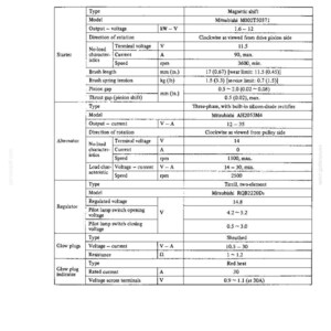May include: A detailed specifications sheet with technical data for various automotive components, including a starter, alternator, regulator, and glow plugs. The document includes voltage, current, and speed measurements.