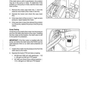 Pu&ograve; includere: Pagina di un manuale che illustra i test di pompe e motori per un sistema idraulico. Include diagrammi dei componenti, istruzioni e specifiche di portata in litri al minuto (L/min).