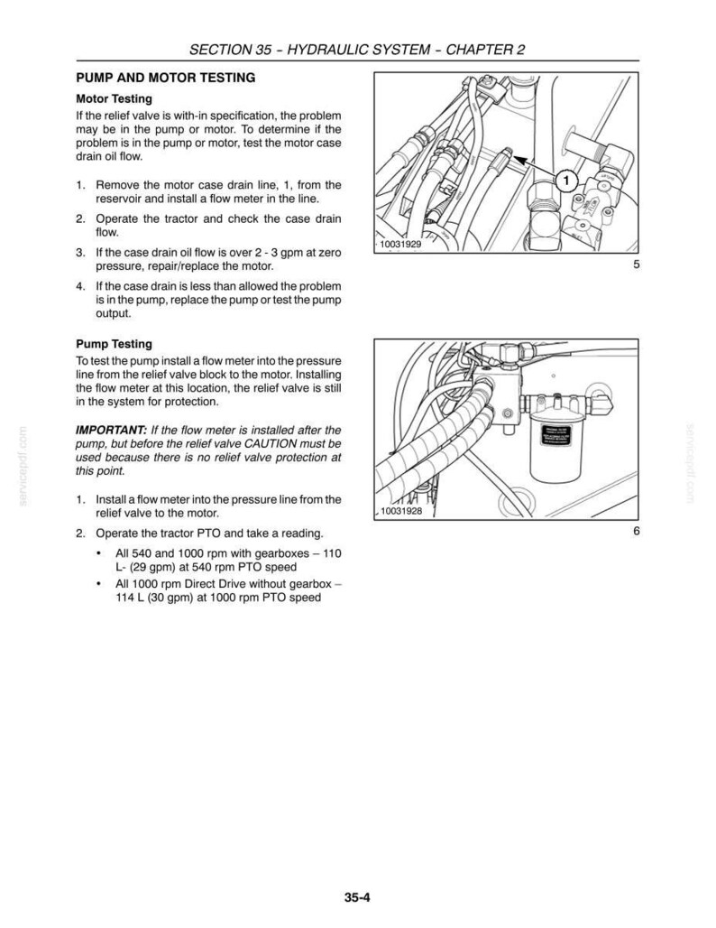 Pu&ograve; includere: Pagina di un manuale che illustra i test di pompe e motori per un sistema idraulico. Include diagrammi dei componenti, istruzioni e specifiche di portata in litri al minuto (L/min).