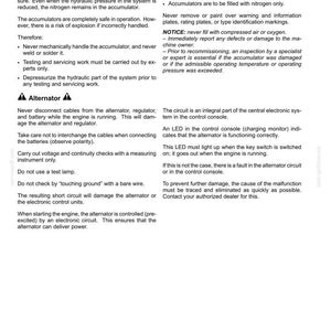 May include: Safety information document with sections on accumulators and alternators. Text includes warnings about handling, servicing, and potential hazards. Includes instructions and safety precautions for vehicle maintenance.
