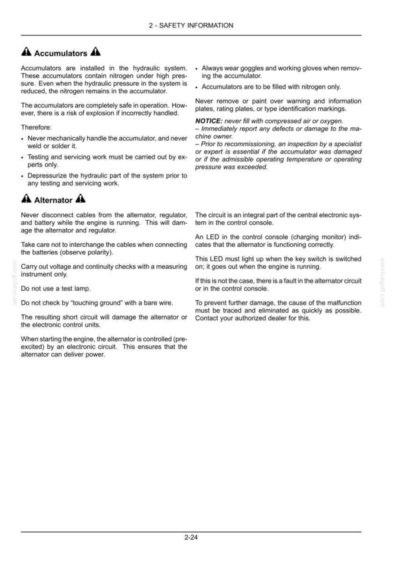 May include: Safety information document with sections on accumulators and alternators. Text includes warnings about handling, servicing, and potential hazards. Includes instructions and safety precautions for vehicle maintenance.