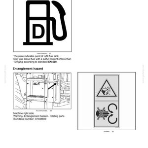 Puede incluir: P&aacute;gina de informaci&oacute;n de seguridad con diagramas. Un diagrama muestra un s&iacute;mbolo de bomba de combustible di&eacute;sel en blanco y negro con la letra "D". Otro diagrama advierte sobre peligros de enredo con piezas giratorias.