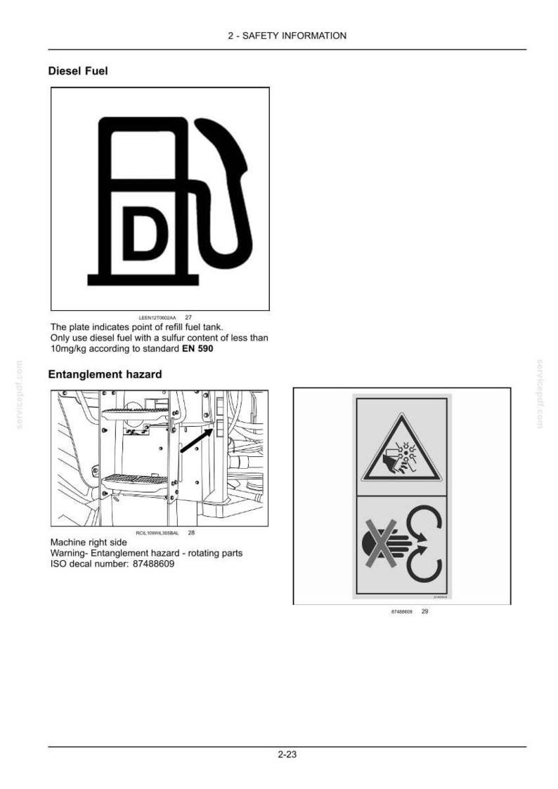 Puede incluir: P&aacute;gina de informaci&oacute;n de seguridad con diagramas. Un diagrama muestra un s&iacute;mbolo de bomba de combustible di&eacute;sel en blanco y negro con la letra "D". Otro diagrama advierte sobre peligros de enredo con piezas giratorias.
