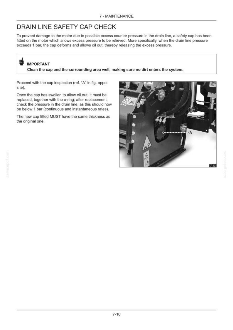May include: Page from a maintenance manual detailing a drain line safety cap check. The text explains the function of the cap and provides instructions for inspection and replacement. Includes a diagram of the cap location.