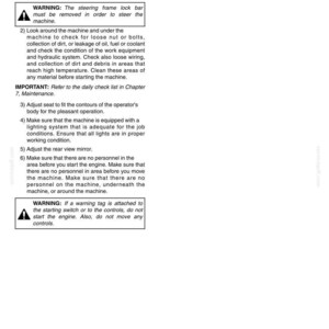 May include: A page from a manual with the title "CHECK BEFORE STARTING THE ENGINE". The text includes warnings and instructions for operating machinery, such as checking for loose parts and ensuring safety before starting.