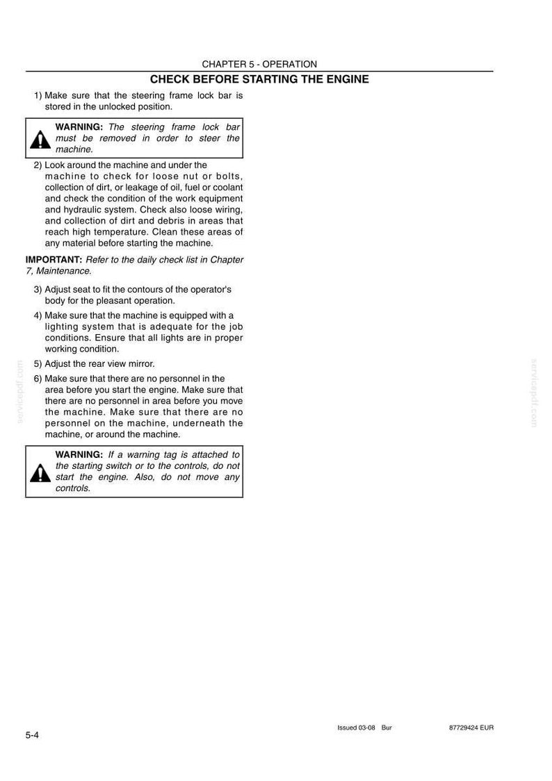 May include: A page from a manual with the title "CHECK BEFORE STARTING THE ENGINE". The text includes warnings and instructions for operating machinery, such as checking for loose parts and ensuring safety before starting.