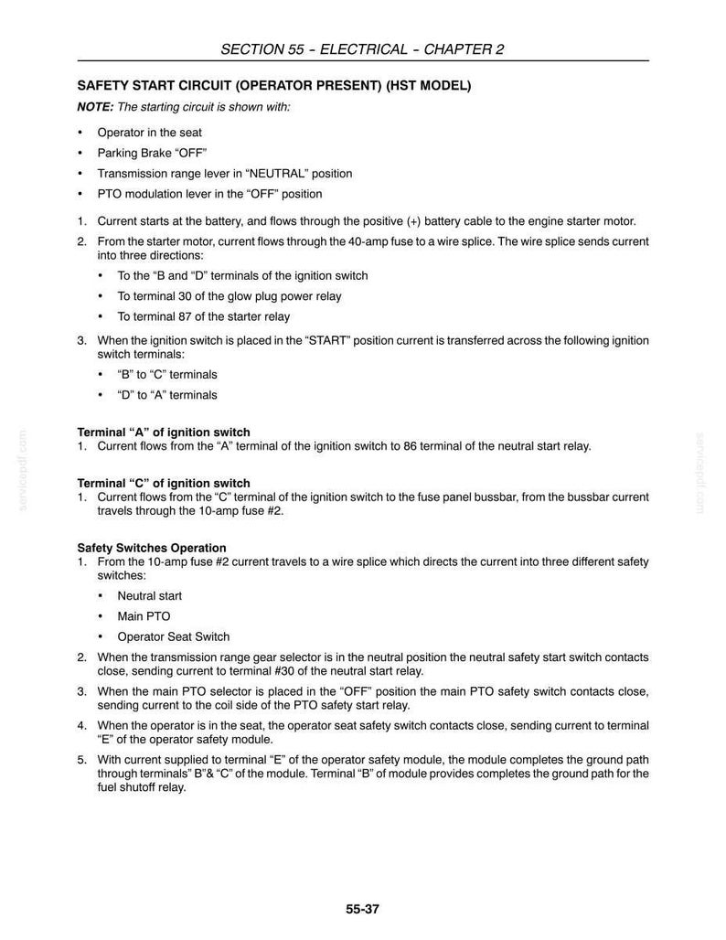 May include: A technical document page titled SECTION 55 - ELECTRICAL - CHAPTER 2, detailing the Safety Start Circuit for an HST model. The text outlines electrical flow, ignition switch terminal functions, and safety switch operations for equipment.