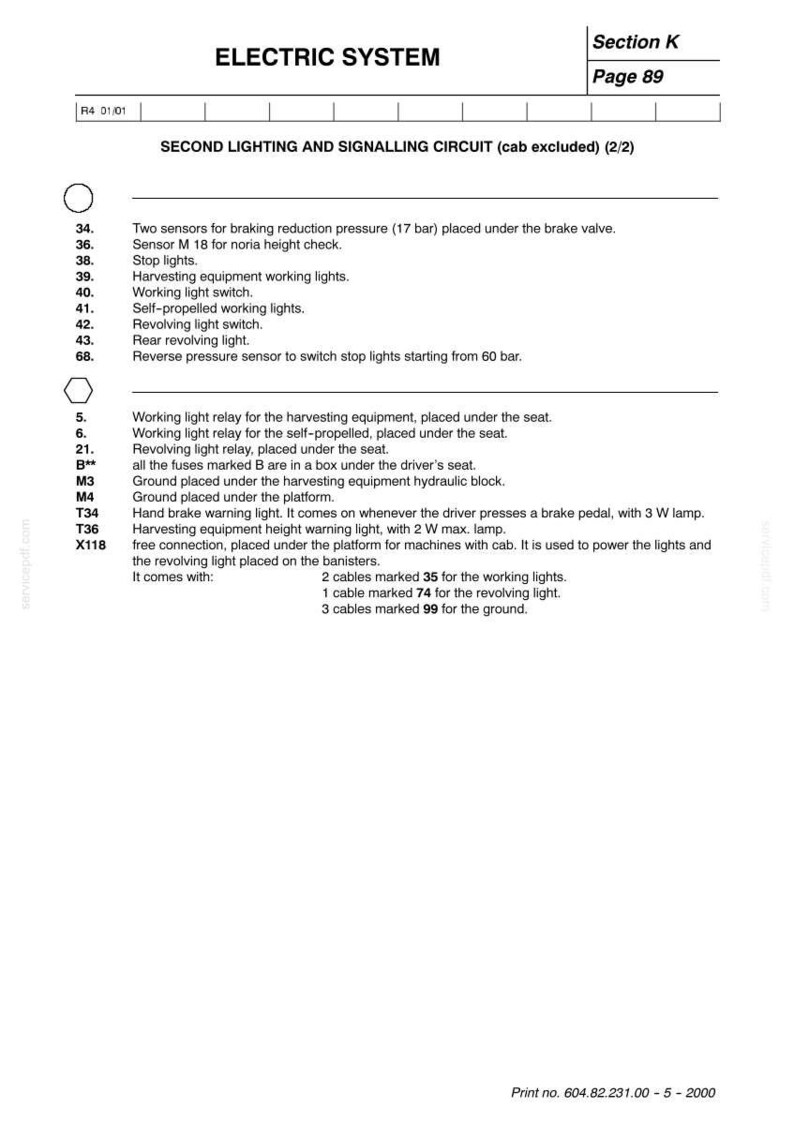 May include: A technical diagram titled "ELECTRIC SYSTEM" with a section on "SECOND LIGHTING AND SIGNALLING CIRCUIT." The page includes a list of components, such as sensors, relays, and lights, with corresponding numbers and descriptions. The print number is 604.82.231.00 - 5 - 2000.
