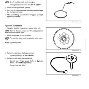 May include: Diagrams and instructions for engine flywheel installation. Includes steps for ring gear and flywheel installation, with torque specifications of 58 lb ft and a tightening angle of 120 degrees. The image also shows a special tool.