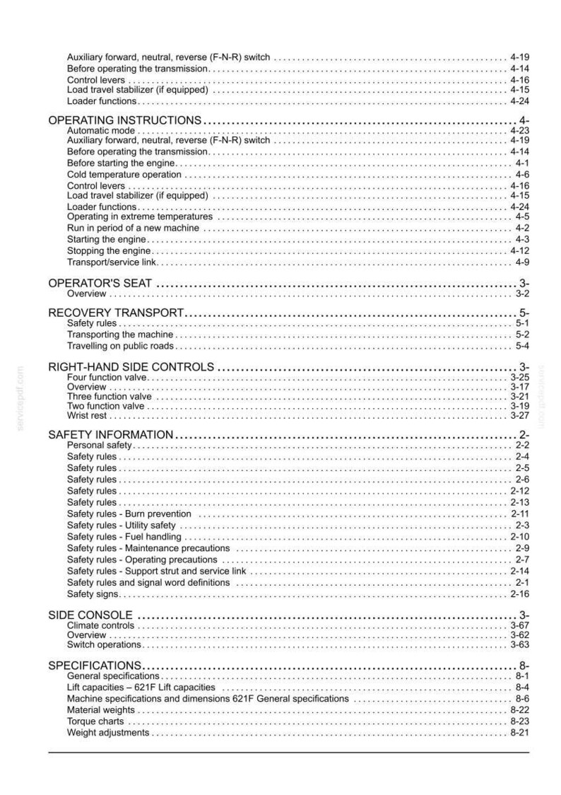 May include: A detailed table of contents from a manual, with various sections and page numbers. Sections include operating instructions, safety information, and specifications. The text is black on a white background.